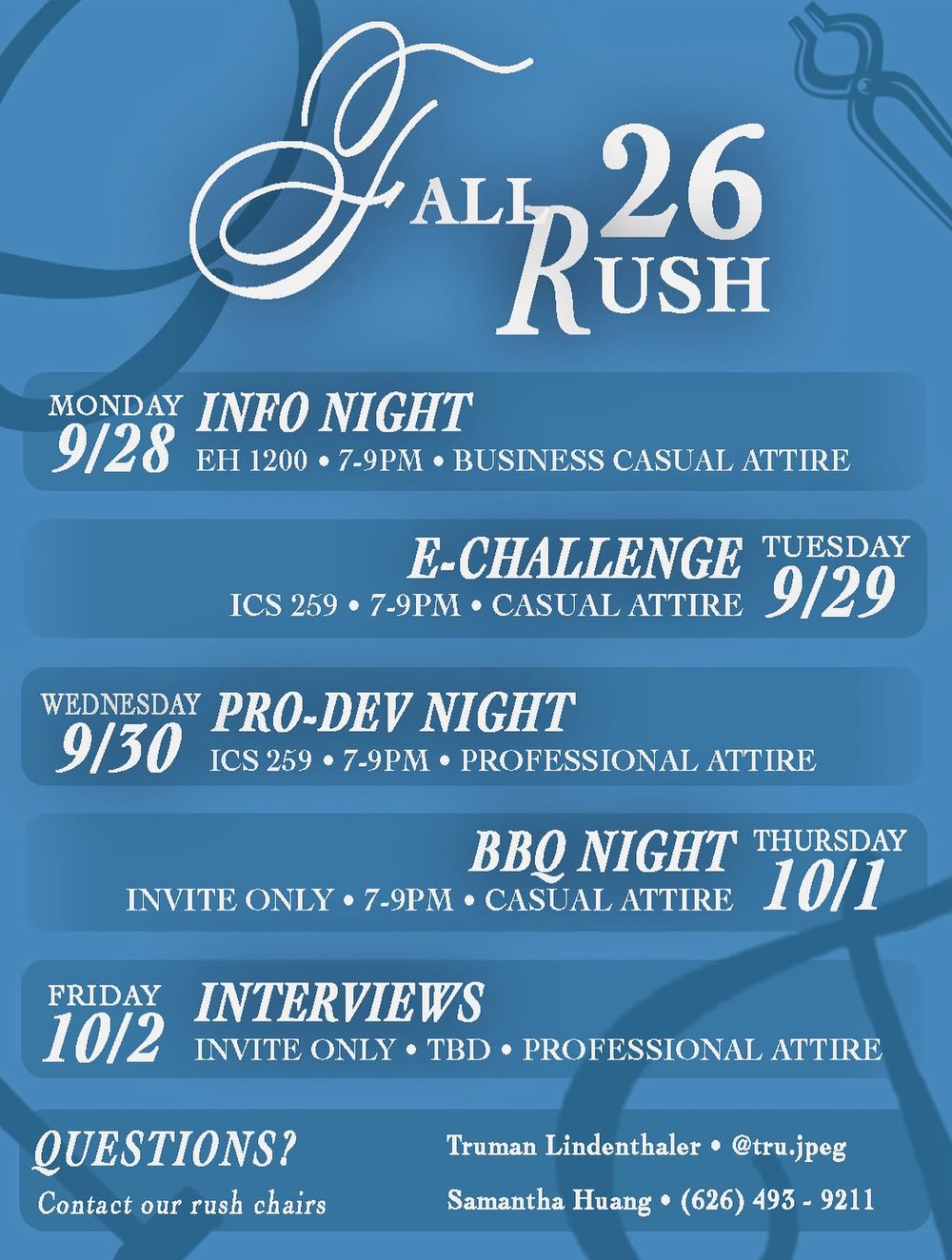 Fall 2026 Rush week: Info Night 9/28, E-Challenge 9/29, Pro-Dev Night 9/30, BBQ Night 10/1, Interviews 10/2